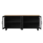 MAYEERTY Meuble TV moderne pour téléviseurs de 100 pouces - Porte en verre cannelé, lumières LED, porte coulissante, 2 tiroirs, blanc