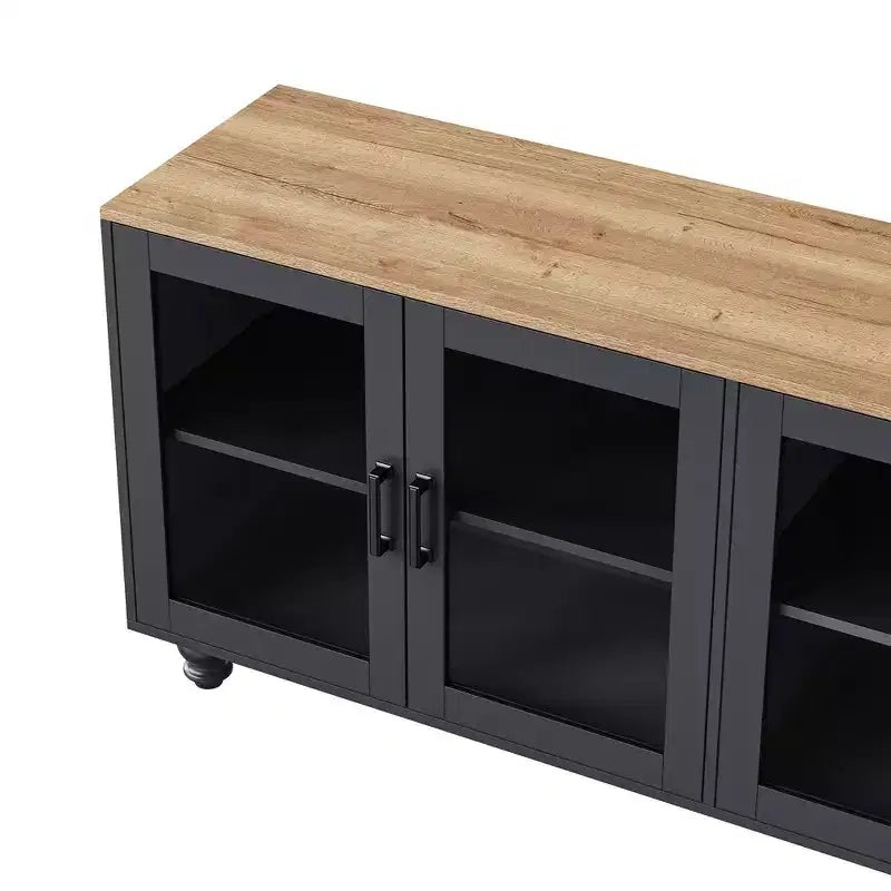 MAYEERTY Meuble TV moderne pour téléviseurs de 100 pouces - Porte en verre cannelé, lumières LED, porte coulissante, 2 tiroirs, blanc
