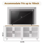 MAYEERTY Meuble TV moderne pour téléviseurs de 100 pouces - Porte en verre cannelé, lumières LED, porte coulissante, 2 tiroirs, blanc
