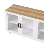 MAYEERTY Meuble TV moderne pour téléviseurs de 100 pouces - Porte en verre cannelé, lumières LED, porte coulissante, 2 tiroirs, blanc