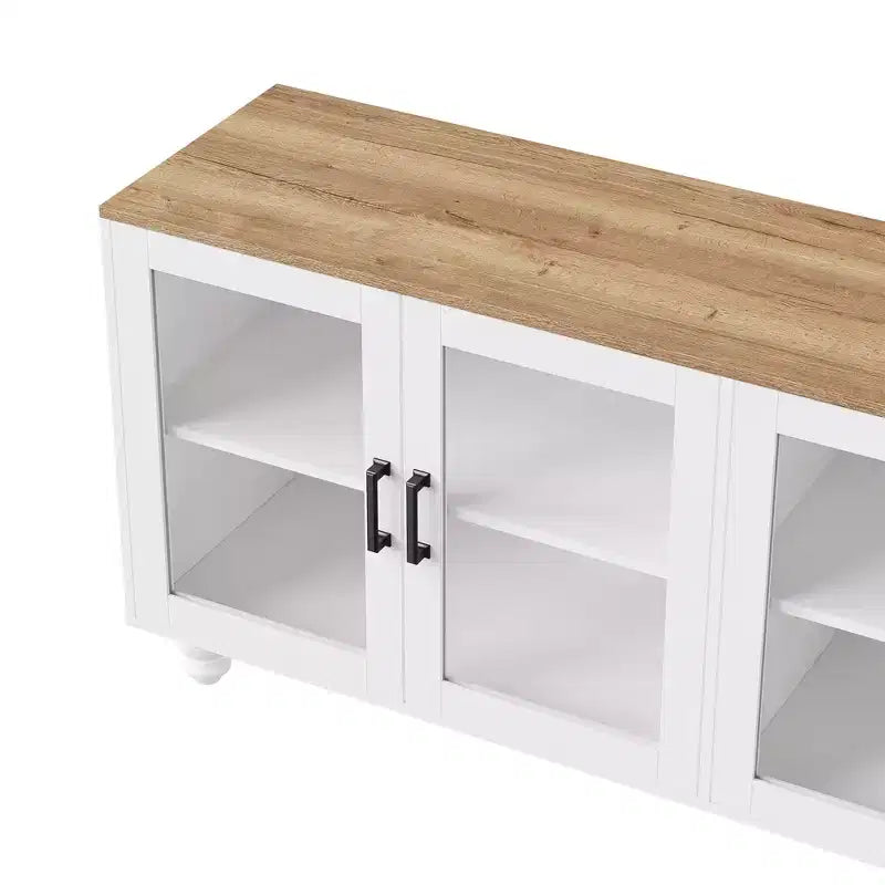 MAYEERTY Meuble TV moderne pour téléviseurs de 100 pouces - Porte en verre cannelé, lumières LED, porte coulissante, 2 tiroirs, blanc
