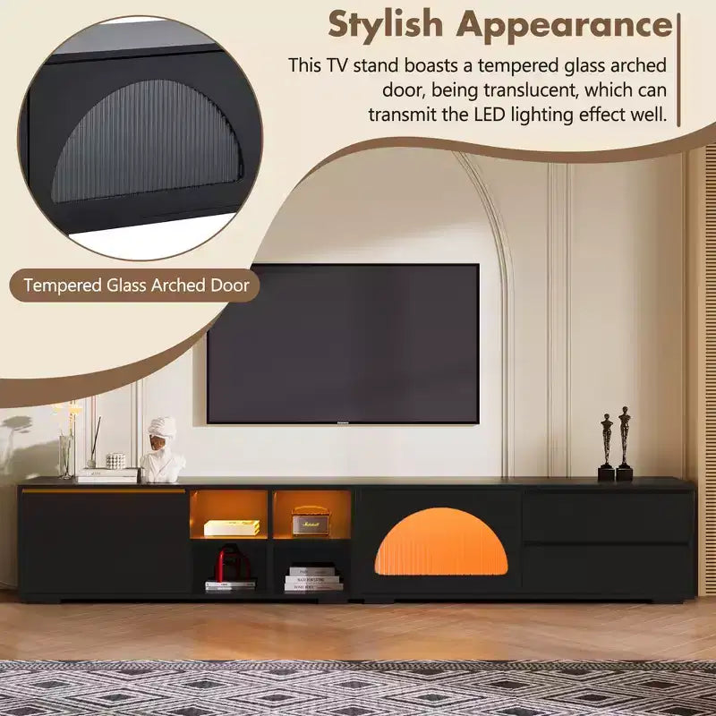 MAYEERTY Meuble TV moderne pour téléviseurs de 100 pouces - Porte en verre cannelé, lumières LED, porte coulissante, 2 tiroirs, blanc