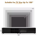 MAYEERTY Meuble TV moderne pour téléviseurs de 100 pouces - Porte en verre cannelé, lumières LED, porte coulissante, 2 tiroirs, blanc
