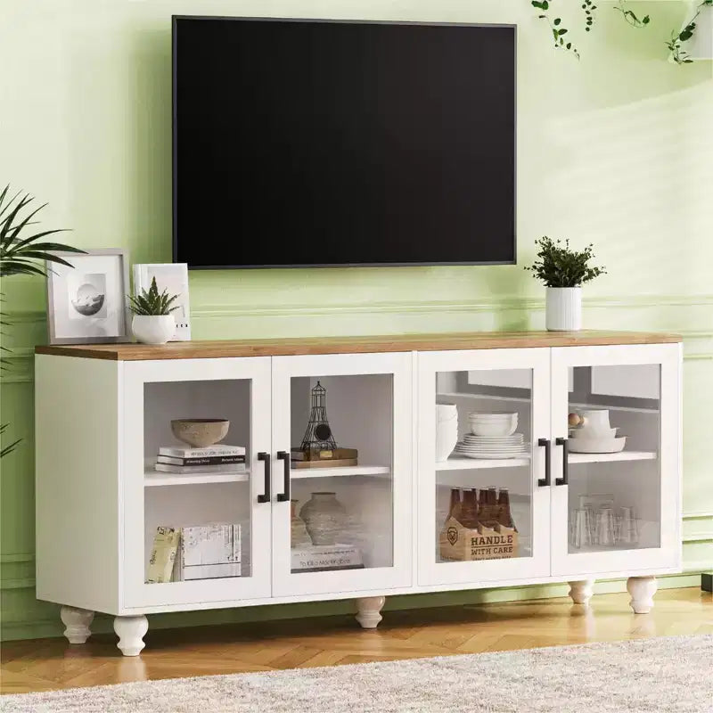MAYEERTY Meuble TV moderne pour téléviseurs de 100 pouces - Porte en verre cannelé, lumières LED, porte coulissante, 2 tiroirs, blanc