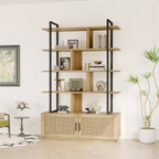 Bibliothèque en rotin GustoWave, étagère industrielle de 180,6 cm de haut avec porte de rangement, étagère à 5 niveaux avec cadre métallique pour salon
