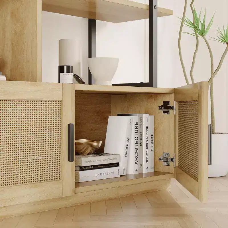 Bibliothèque en rotin GustoWave, étagère industrielle de 180,6 cm de haut avec porte de rangement, étagère à 5 niveaux avec cadre métallique pour salon