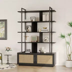 Bibliothèque en rotin GustoWave, étagère industrielle de 180,6 cm de haut avec porte de rangement, étagère à 5 niveaux avec cadre métallique pour salon