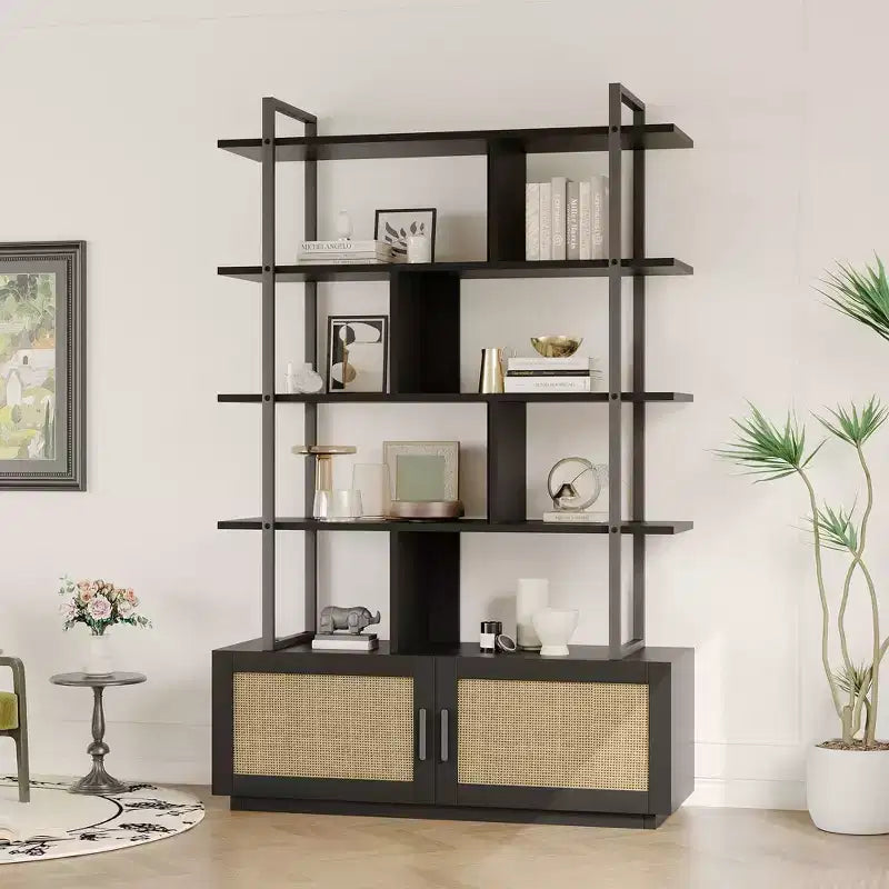 Bibliothèque en rotin GustoWave, étagère industrielle de 180,6 cm de haut avec porte de rangement, étagère à 5 niveaux avec cadre métallique pour salon