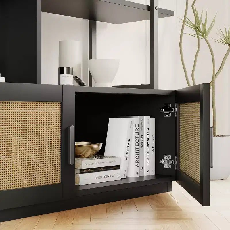 Bibliothèque en rotin GustoWave, étagère industrielle de 180,6 cm de haut avec porte de rangement, étagère à 5 niveaux avec cadre métallique pour salon