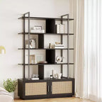 Bibliothèque en rotin GustoWave, étagère industrielle de 180,6 cm de haut avec porte de rangement, étagère à 5 niveaux avec cadre métallique pour salon