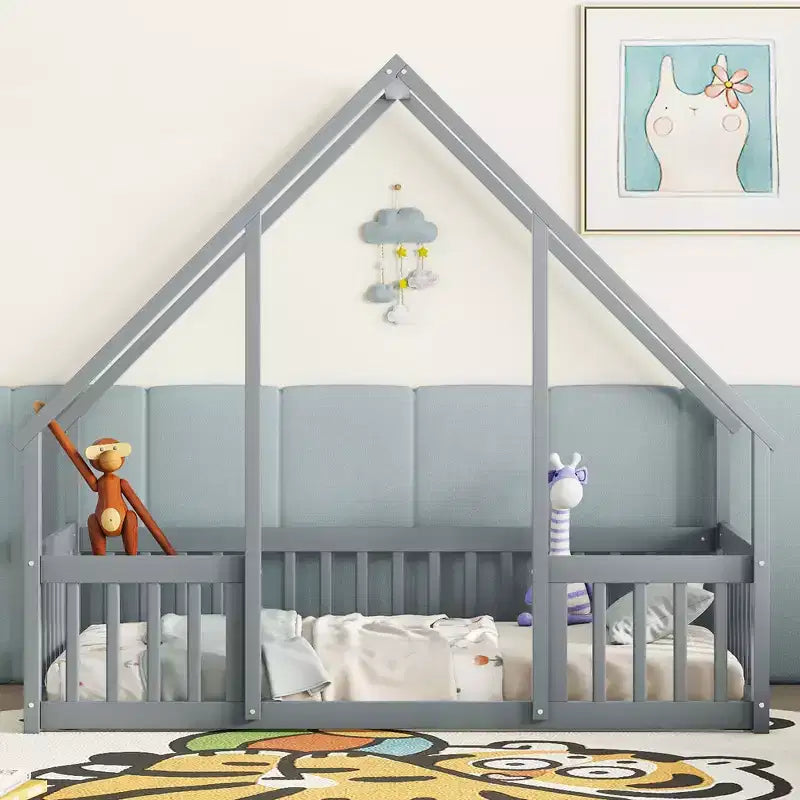 MAYEERTY Twin Wood House-shaped Floor Bed with Fence, Guardrails Gray