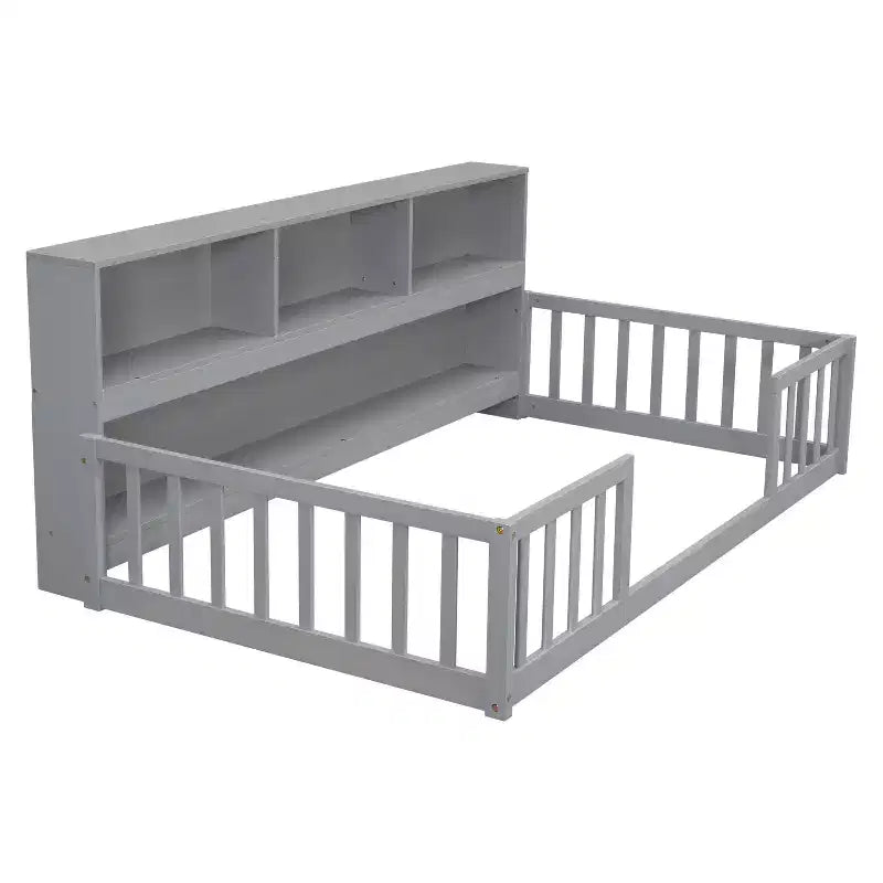 Lit de sol double MAYEERTY avec bibliothèque, étagères, balustrades, gris