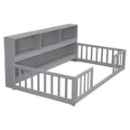 Lit de sol double MAYEERTY avec bibliothèque, étagères, balustrades, gris