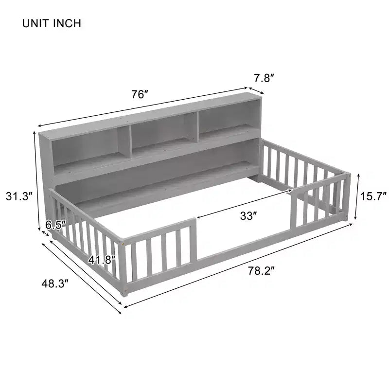 Lit de sol double MAYEERTY avec bibliothèque, étagères, balustrades, gris