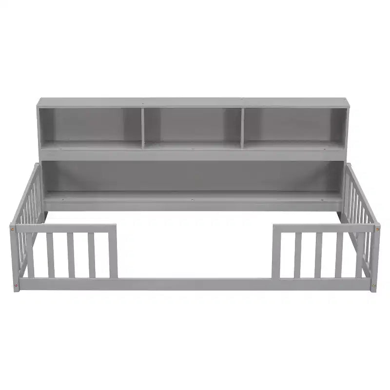 Lit de sol double MAYEERTY avec bibliothèque, étagères, balustrades, gris