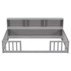 Lit de sol double MAYEERTY avec bibliothèque, étagères, balustrades, gris