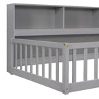 Lit de sol double MAYEERTY avec bibliothèque, étagères, balustrades, gris