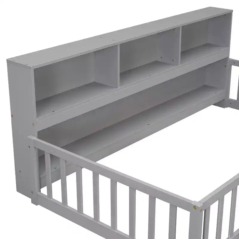 Lit de sol double MAYEERTY avec bibliothèque, étagères, balustrades, gris