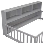 Lit de sol double MAYEERTY avec bibliothèque, étagères, balustrades, gris