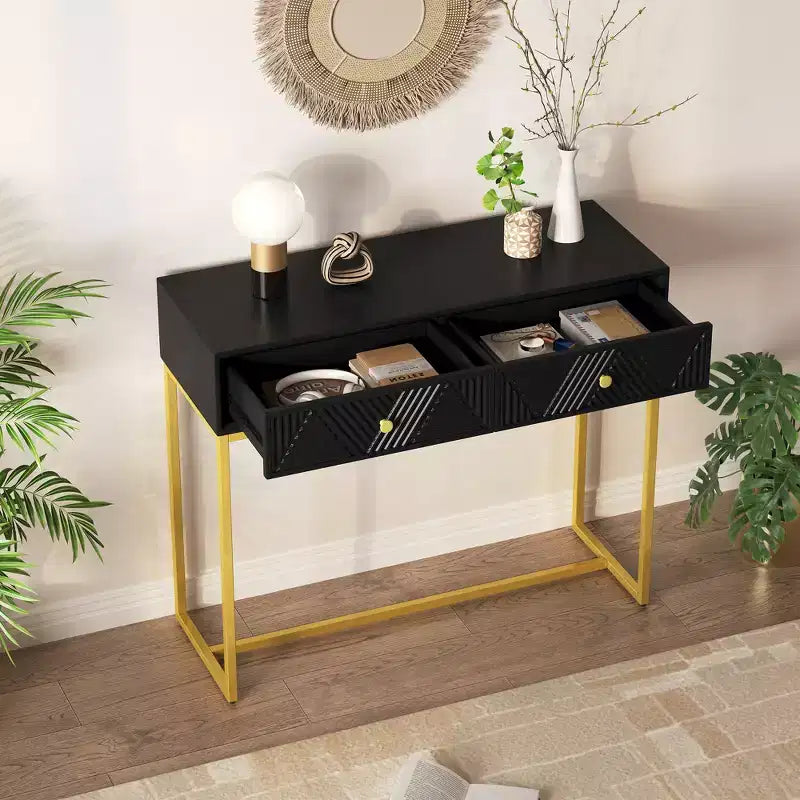 MAYEERTY Table console étroite moderne avec rangement 2 tiroirs motif rayures pour salon couloir Noir