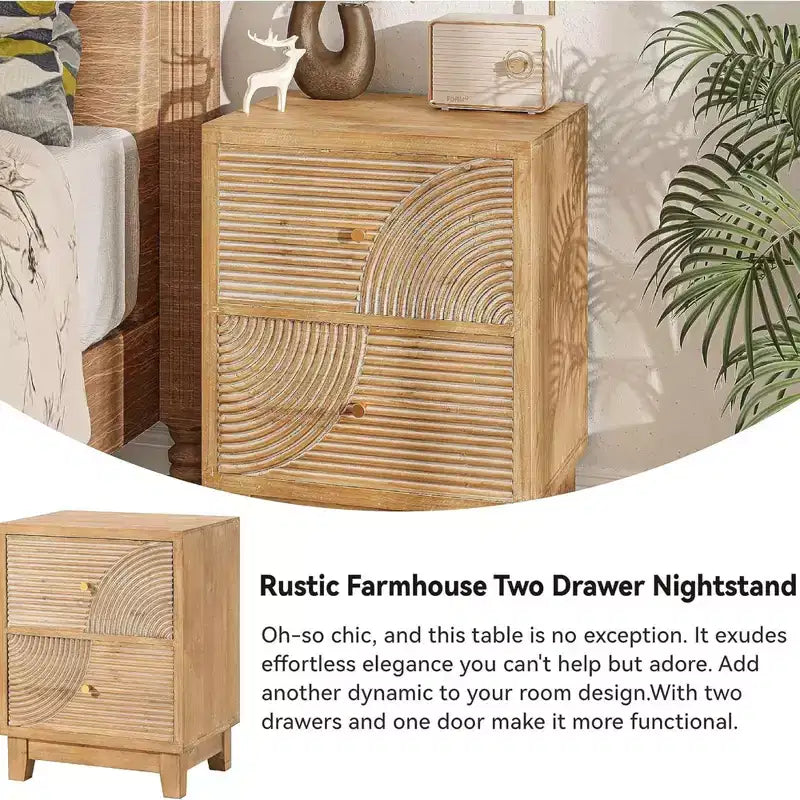 Table de chevet COZAYH de style ferme à 2 tiroirs avec motif en anneau en bois artisanal, table de chevet bohème de style Mid-Century pour chambres à coucher, bois naturel