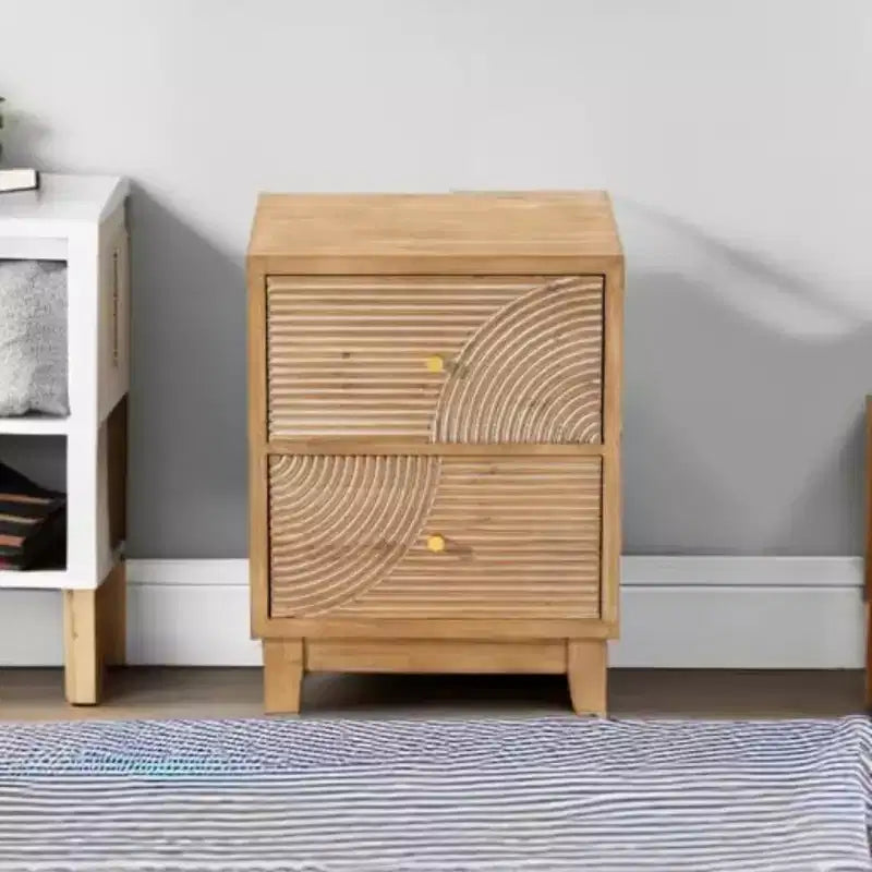 Table de chevet COZAYH de style ferme à 2 tiroirs avec motif en anneau en bois artisanal, table de chevet bohème de style Mid-Century pour chambres à coucher, bois naturel
