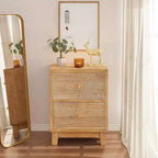 Table de chevet COZAYH de style ferme à 2 tiroirs avec motif en anneau en bois artisanal, table de chevet bohème de style Mid-Century pour chambres à coucher, bois naturel