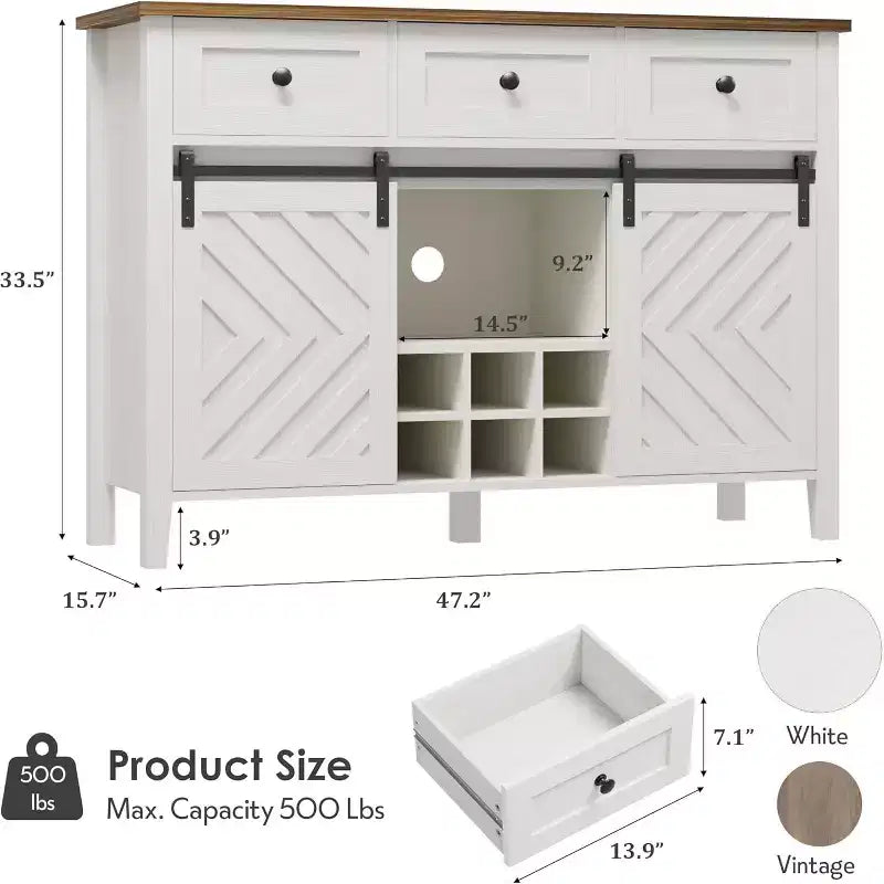 Buffet de ferme GustoWave 47.2, 84,8 cm de haut, avec 3 tiroirs, étagères réglables et casier à vin amovible
