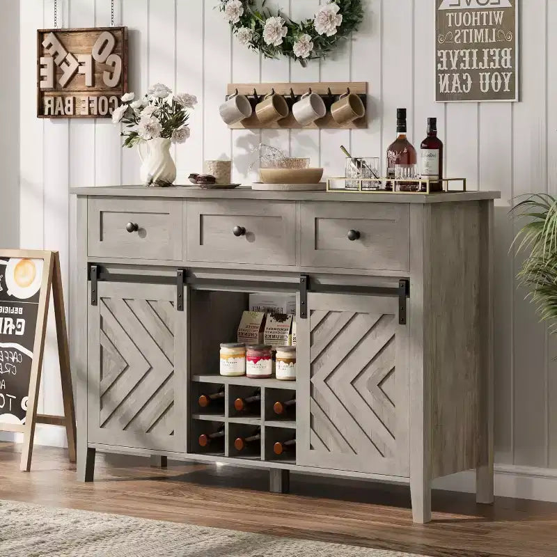 GustoWave 47.2 Farmhouse Sideboard, 33.4 High, with 3 Drawers, Adjustable Shelves and Removable Wine Rack