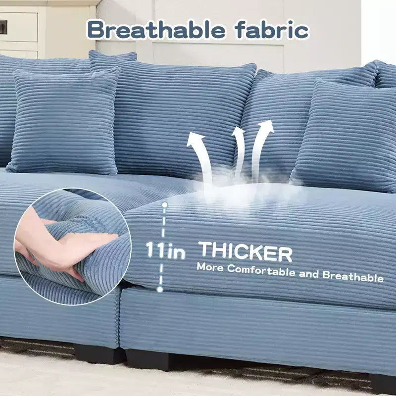 54.3 Canapé modulaire sectionnel Oversized Cloud, accoudoirs extra-épais, coussins à bonne résilience, design ergonomique, tissu velours côtelé doux de qualité supérieure
