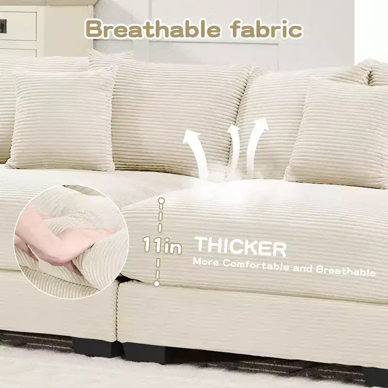 54.3 Canapé modulaire sectionnel Oversized Cloud, accoudoirs extra-épais, coussins à bonne résilience, design ergonomique, tissu velours côtelé doux de qualité supérieure