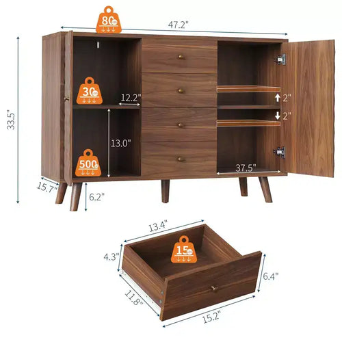 Meuble de rangement 119 cm, Buffet de bar à café avec 4 tiroirs et étagères réglables, Console de couloir, Armoire de rangement de cuisine