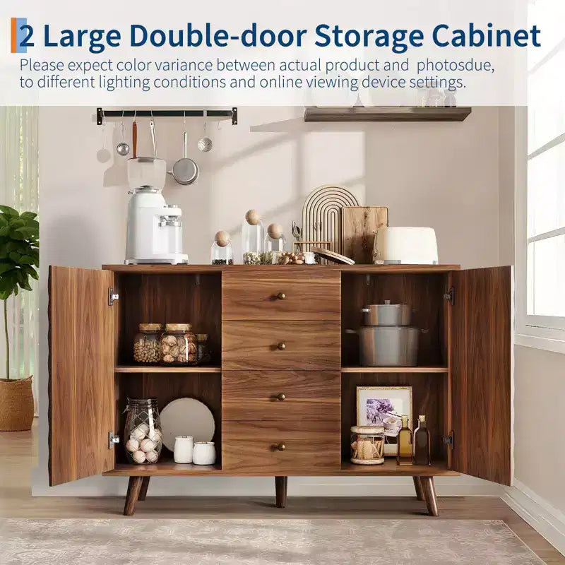 Meuble de rangement 119 cm, Buffet de bar à café avec 4 tiroirs et étagères réglables, Console de couloir, Armoire de rangement de cuisine