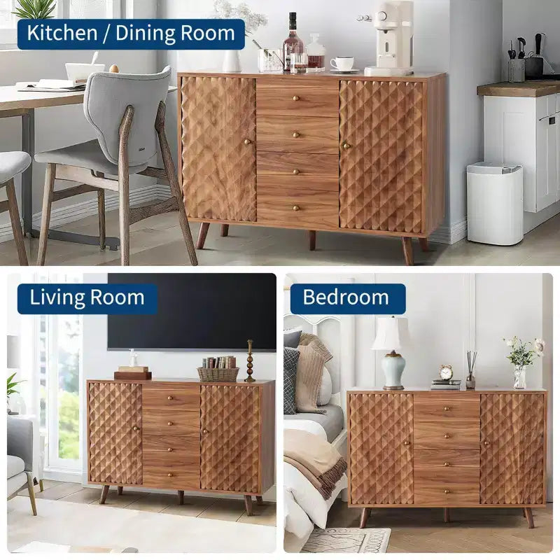 Meuble de rangement 119 cm, Buffet de bar à café avec 4 tiroirs et étagères réglables, Console de couloir, Armoire de rangement de cuisine