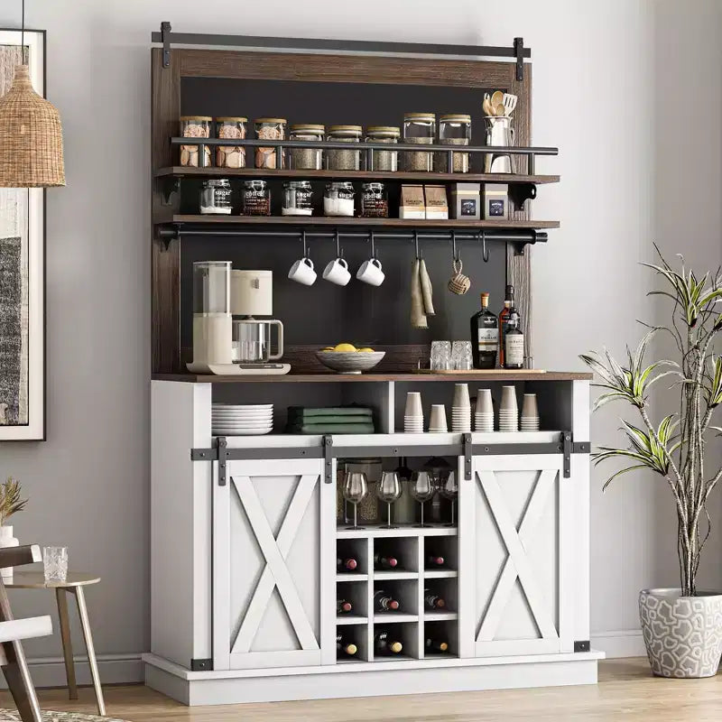 Meuble à café style ferme, 75 pouces de haut, buffet avec rangement, grand meuble de bar avec porte coulissante de style grange, salle à manger