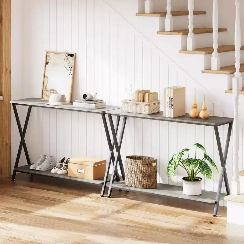 Petite console d'entrée, Table de couloir étroite, Console industrielle à 2 niveaux avec étagères, Table derrière le canapé, Consoles de foyer