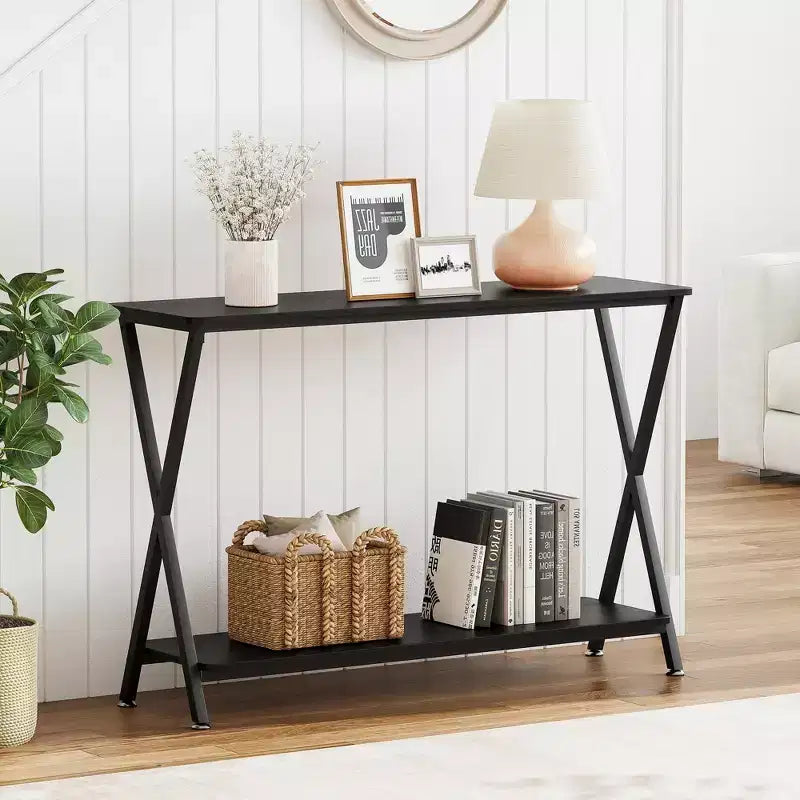 Small Entryway Table, Narrow Hallway Table, 2-Tier Industrial Display Table with Shelves, Couch Table Behind Sofa, Foyer Tables
