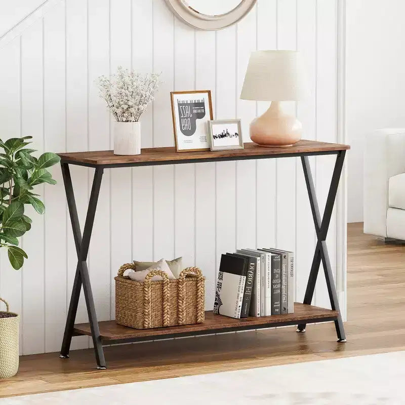 Petite console d'entrée, Table de couloir étroite, Console industrielle à 2 niveaux avec étagères, Table derrière le canapé, Consoles de foyer