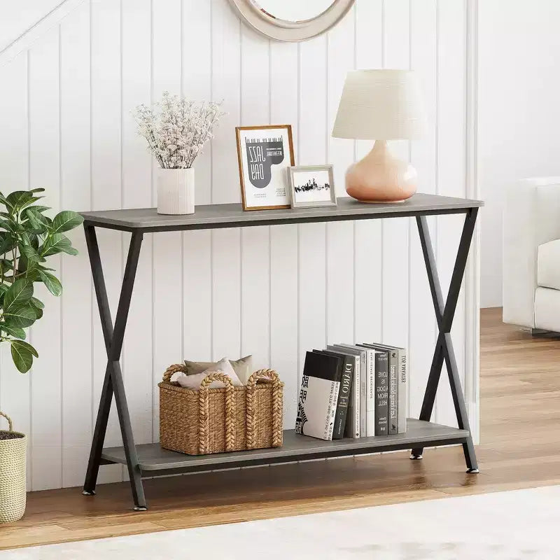 Petite console d'entrée, Table de couloir étroite, Console industrielle à 2 niveaux avec étagères, Table derrière le canapé, Consoles de foyer