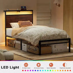Cadre de lit double Hausource avec tête de lit LED, station de charge, aucun sommier tapissier requis