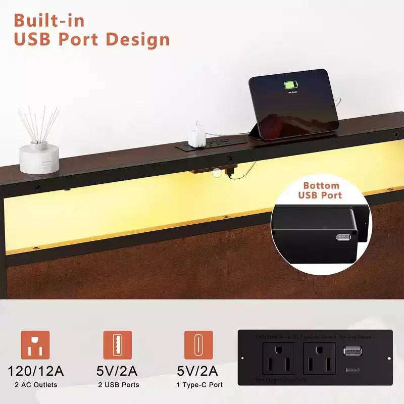 Cadre de lit double Hausource avec tête de lit LED, station de charge, aucun sommier tapissier requis