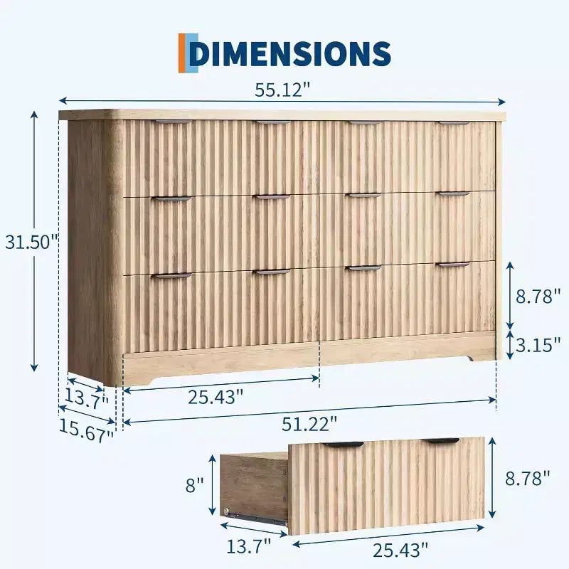 Commode 6 tiroirs cannelée GustoWave, rangement de vêtements robuste, bois naturel