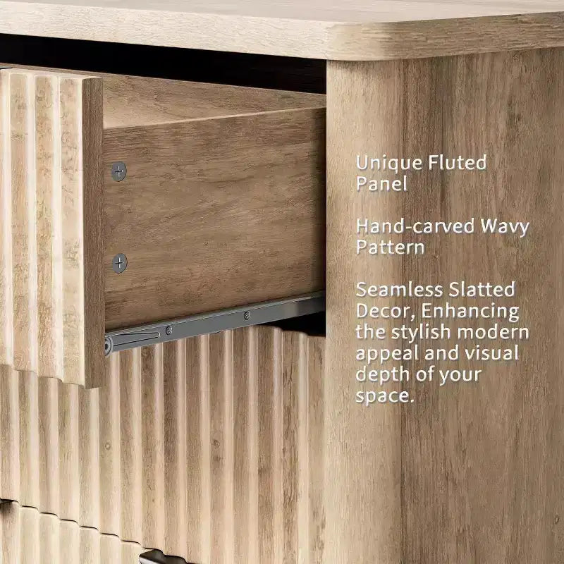 Commode 6 tiroirs cannelée GustoWave, rangement de vêtements robuste, bois naturel