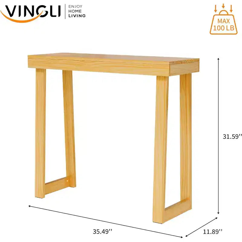 VINGLI 42.9 Table Console, Table d'entrée en bois massif, Table de canapé étroite pour salon, entrée, bois naturel