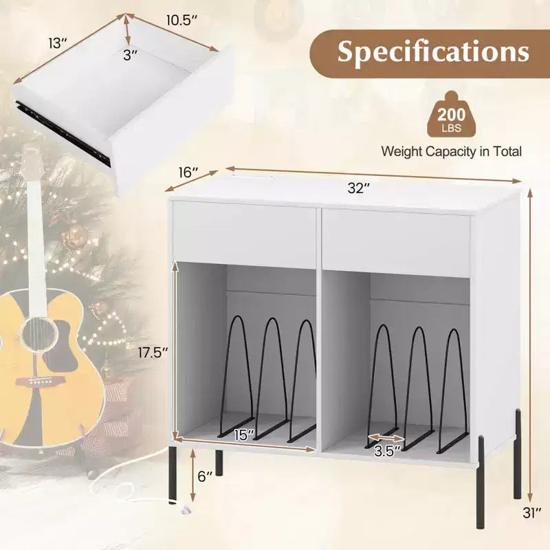 Meuble pour platine vinyle grande taille Costway avec station de charge, compartiments de rangement et 2 tiroirs Blanc/Noir