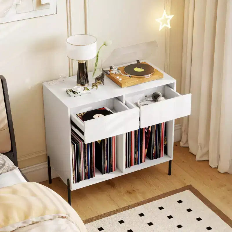 Meuble pour platine vinyle grande taille Costway avec station de charge, compartiments de rangement et 2 tiroirs Blanc/Noir