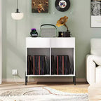 Meuble pour platine vinyle grande taille Costway avec station de charge, compartiments de rangement et 2 tiroirs Blanc/Noir