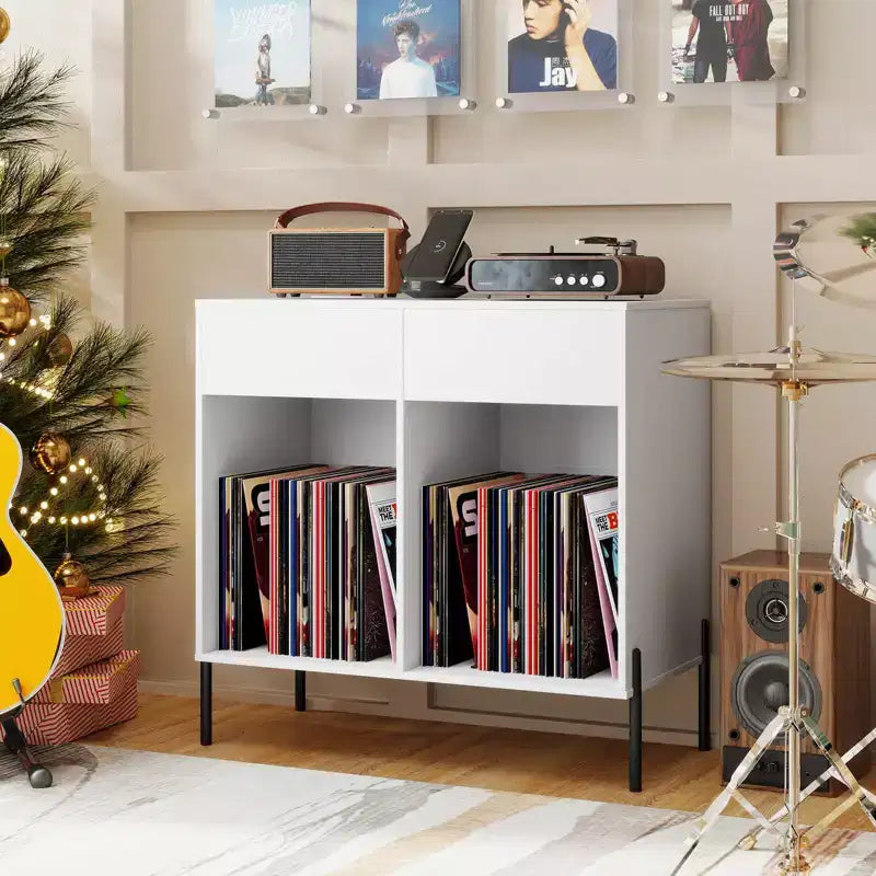Meuble pour platine vinyle grande taille Costway avec station de charge, compartiments de rangement et 2 tiroirs Blanc/Noir