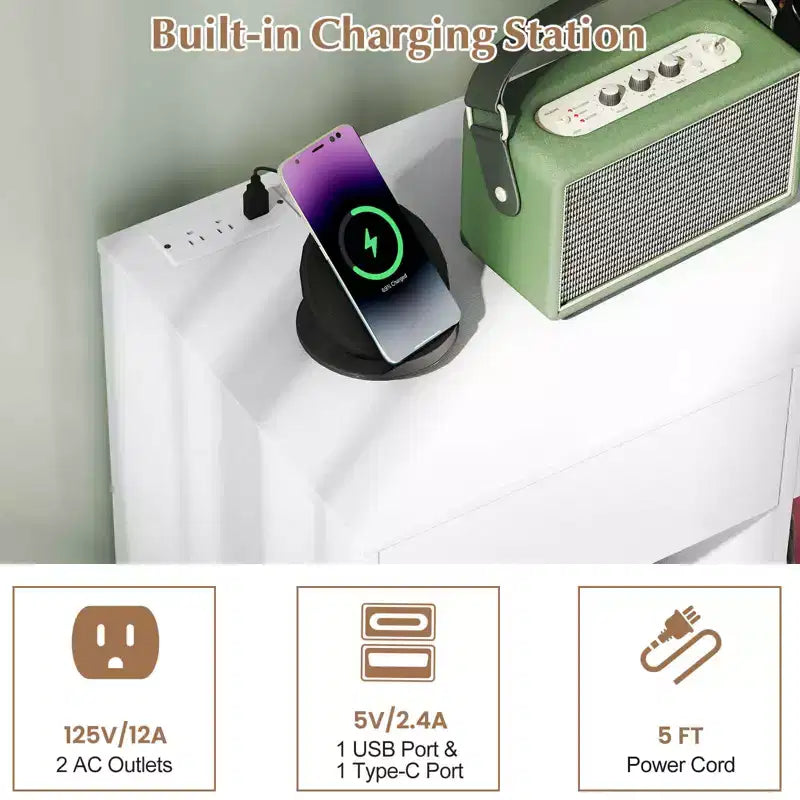 Meuble pour platine vinyle grande taille Costway avec station de charge, compartiments de rangement et 2 tiroirs Blanc/Noir