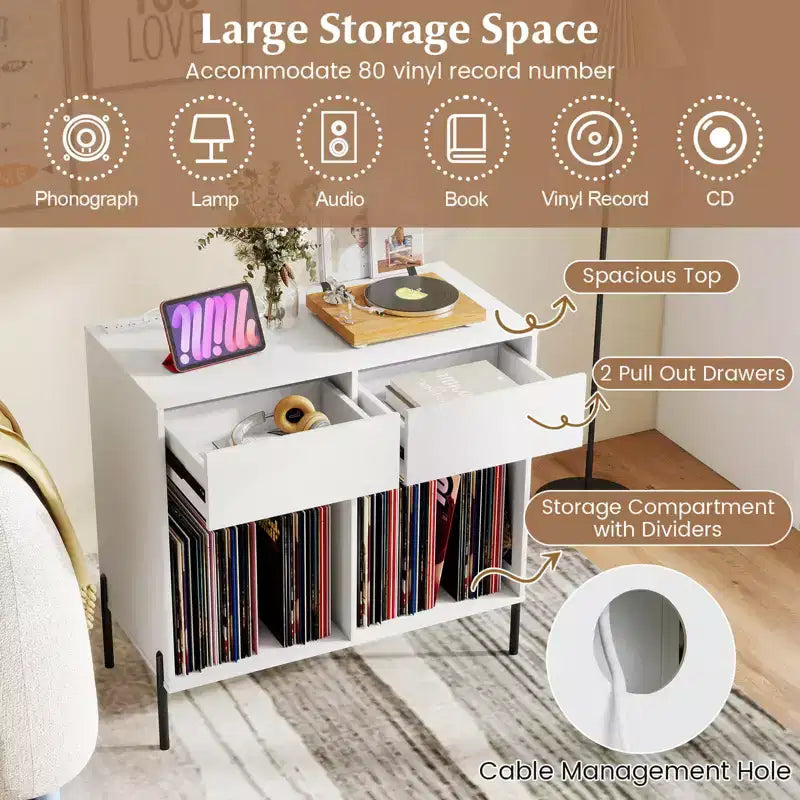 Meuble pour platine vinyle grande taille Costway avec station de charge, compartiments de rangement et 2 tiroirs Blanc/Noir
